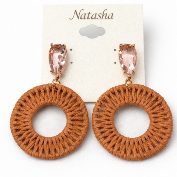 Natasha Couture Jewelry - Natasha Couture Tan Woven Circle Drop Earrings Pink Stone NWT